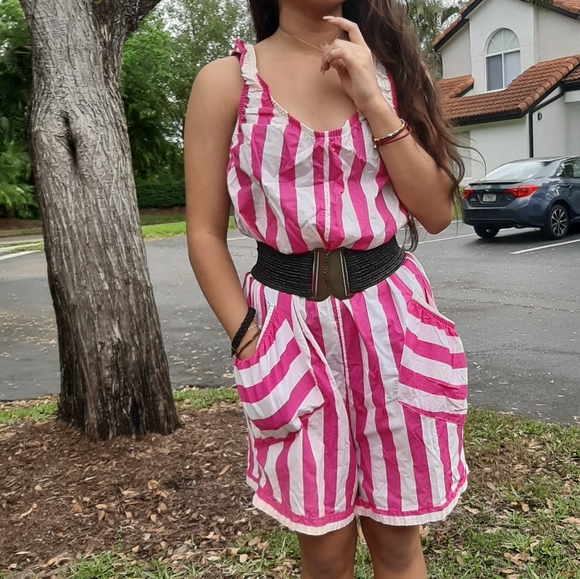 Vintage 80s Romper Jumper One Piece Pink White 90s - Picture 2 of 8